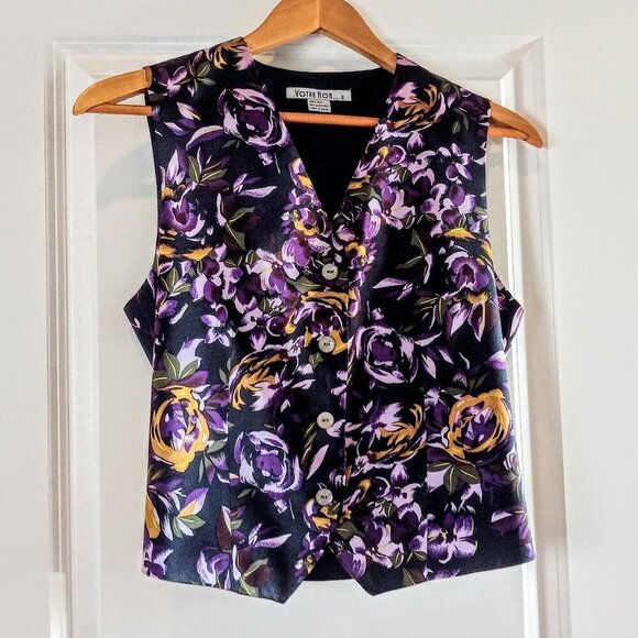 Votre Nom Black Purple Gold Floral Print Silk Vest - Picture 1 of 4